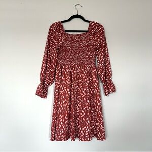 Red/ Dark Orange Long Sleeve Square Neck Flare Cuffs Smocked Midi Dress